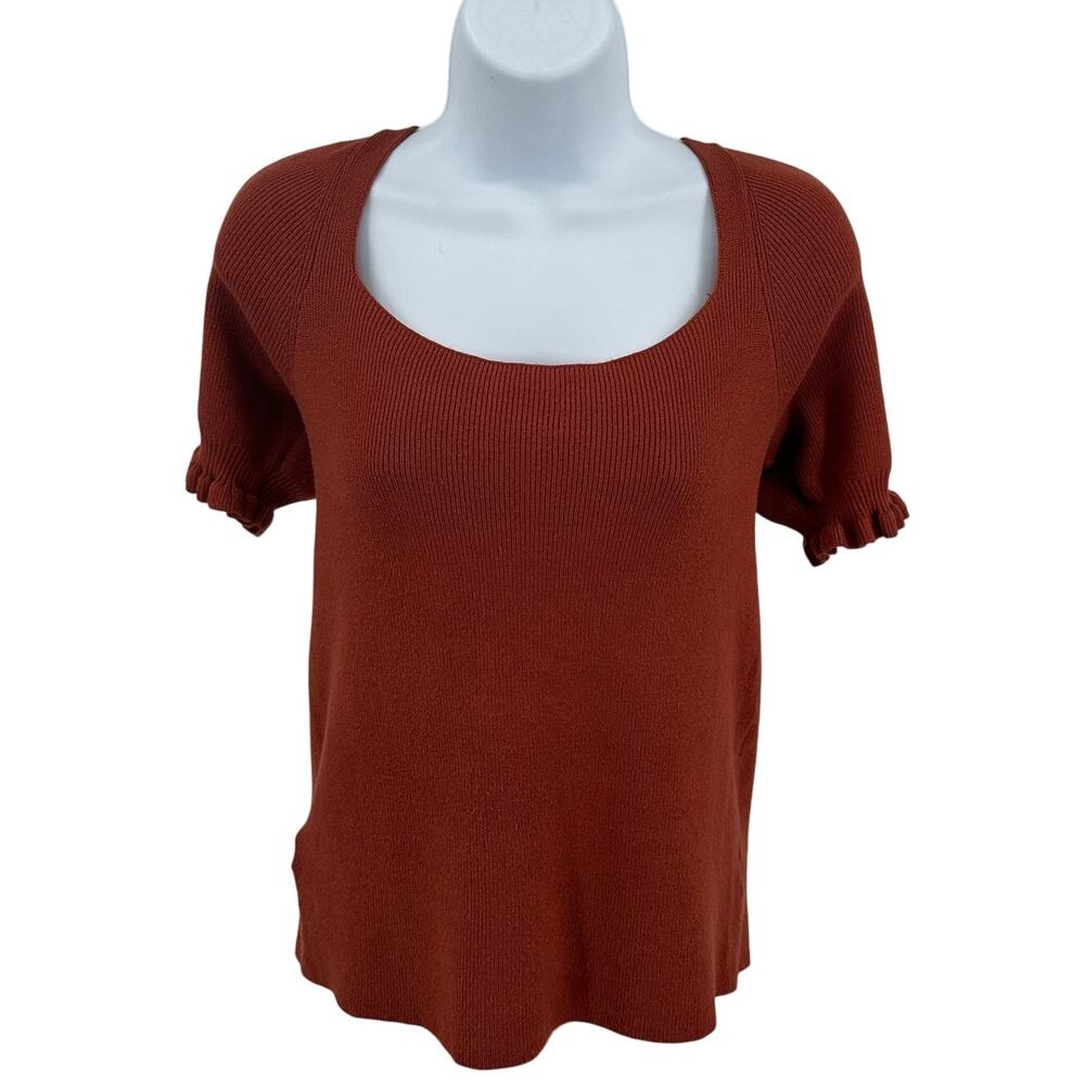 Loft Blouse Top WMNS L Ribbed Knit Rust Orange Ruffled Short Sleeve Square Neck